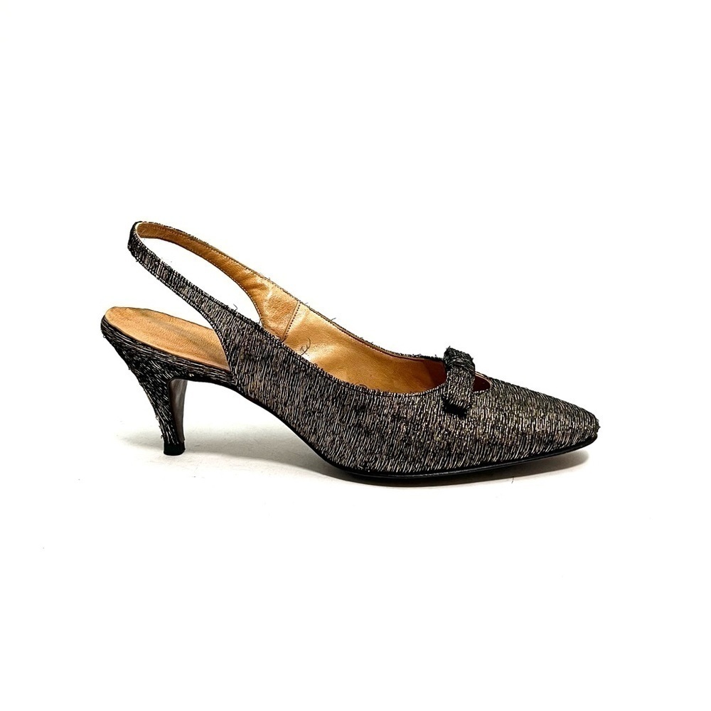 Vintage 1960s black and gold lamé formal ditzy bow slingback heels